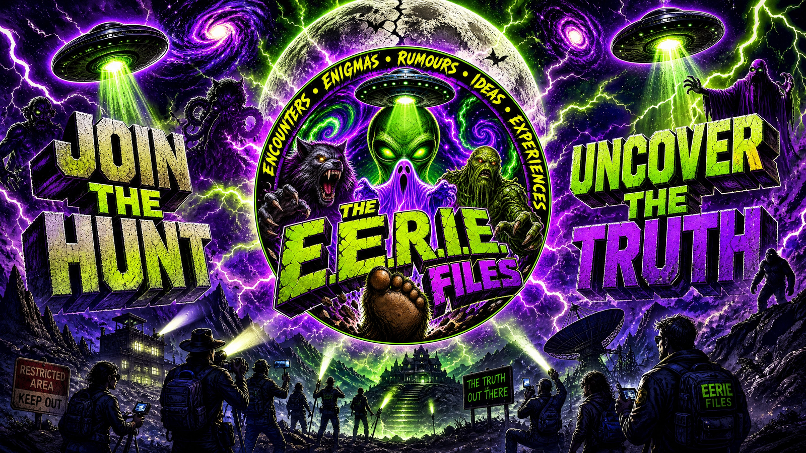 The EERIE Files — join the hunt, uncover the truth. Illustrated poster of UFOs, a haunted house, an alien, werewolf and ghost above a group of investigators.